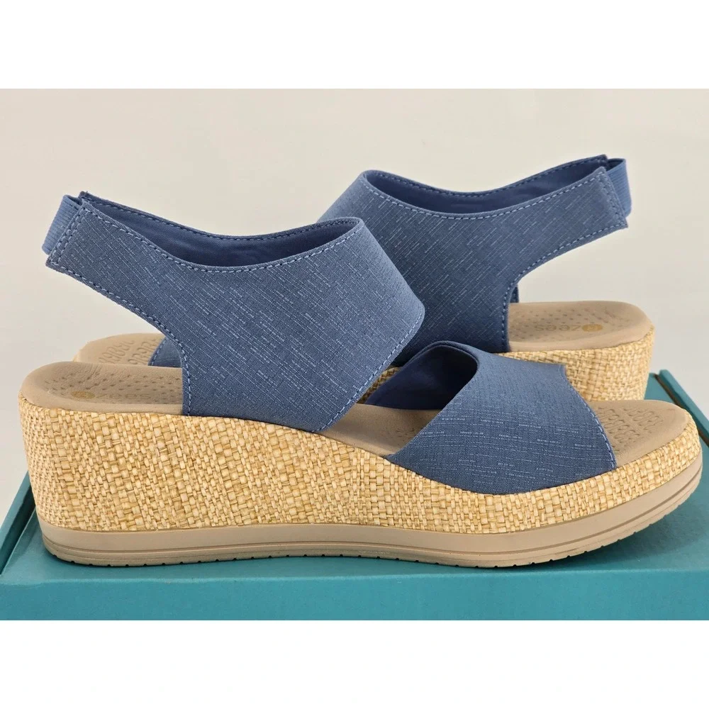Bzees Reveal Wedge Sandals Womens 8.5W Blue Stretch Espadrille - NEW